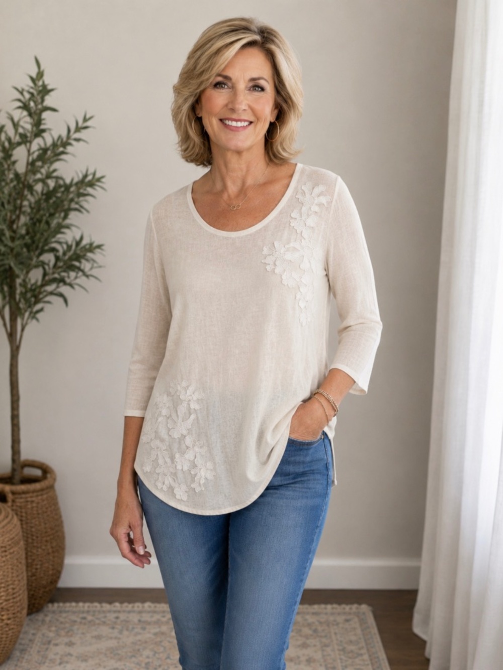 J JILL Love Linen White Floral Appliqué Top   size  XL